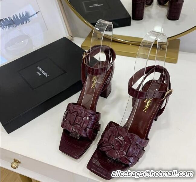 Top Quality Saint Laurent Crocodile Print Calfskin Sandal With 6.5cm Heel Y41010 Burgundy 2020