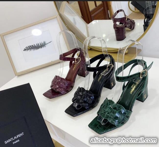 Top Quality Saint Laurent Crocodile Print Calfskin Sandal With 6.5cm Heel Y41010 Burgundy 2020