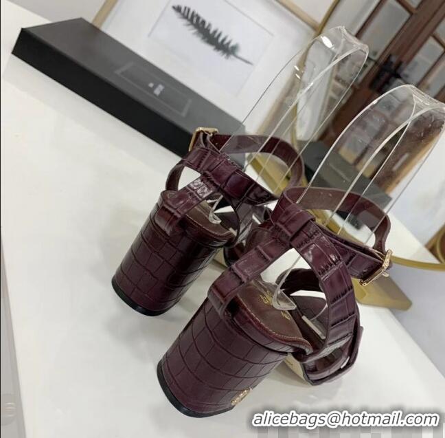 Top Quality Saint Laurent Crocodile Print Calfskin Sandal With 6.5cm Heel Y41010 Burgundy 2020