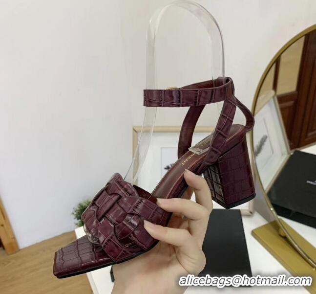 Top Quality Saint Laurent Crocodile Print Calfskin Sandal With 6.5cm Heel Y41010 Burgundy 2020