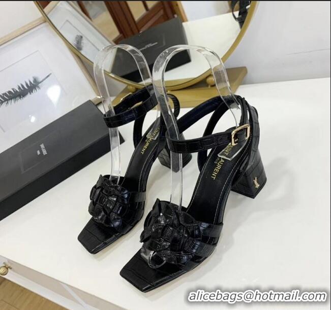 Famous Brand Saint Laurent Crocodile Print Calfskin Sandal With 6.5cm Heel Y41010 Black 2020