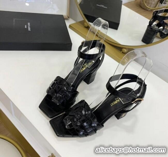 Famous Brand Saint Laurent Crocodile Print Calfskin Sandal With 6.5cm Heel Y41010 Black 2020