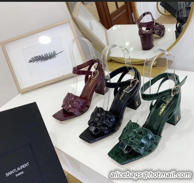 Famous Brand Saint Laurent Crocodile Print Calfskin Sandal With 6.5cm Heel Y41010 Black 2020