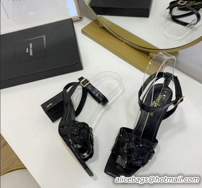 Famous Brand Saint Laurent Crocodile Print Calfskin Sandal With 6.5cm Heel Y41010 Black 2020