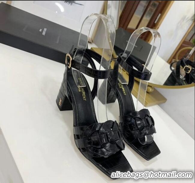 Famous Brand Saint Laurent Crocodile Print Calfskin Sandal With 6.5cm Heel Y41010 Black 2020