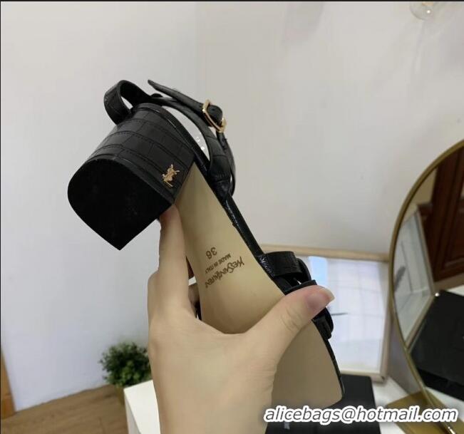 Famous Brand Saint Laurent Crocodile Print Calfskin Sandal With 6.5cm Heel Y41010 Black 2020