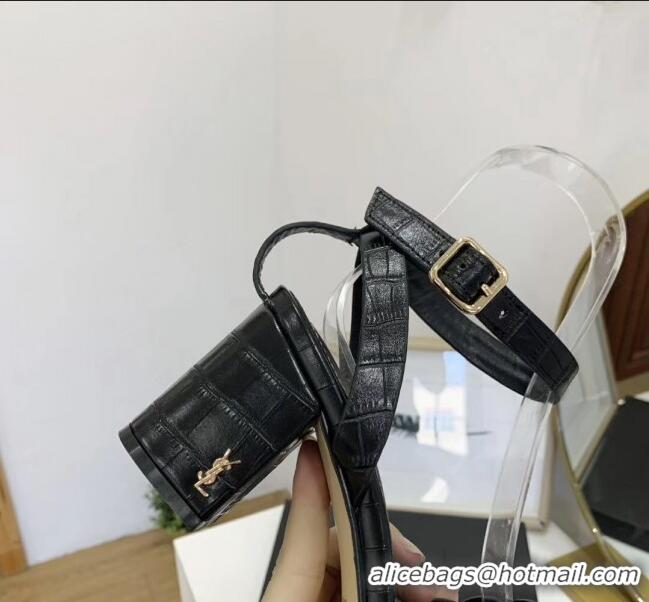 Famous Brand Saint Laurent Crocodile Print Calfskin Sandal With 6.5cm Heel Y41010 Black 2020