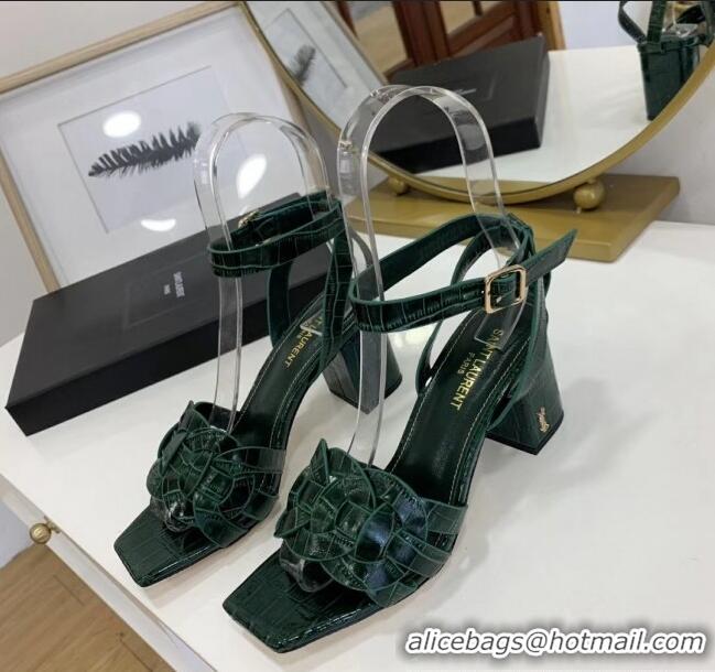 Purchase Saint Laurent Crocodile Print Calfskin Sandal With 6.5cm Heel Y41010 Green 2020