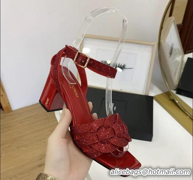 Market Sells Saint Laurent Crystal Calfskin Sandal With 6.5cm Heel Y42013 Red 2020