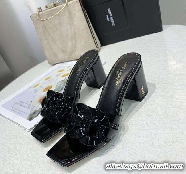 Shop Cheap Saint Laurent Patent Leather Slide Sandal With 6.5cm Heel Y42017 Black 2020