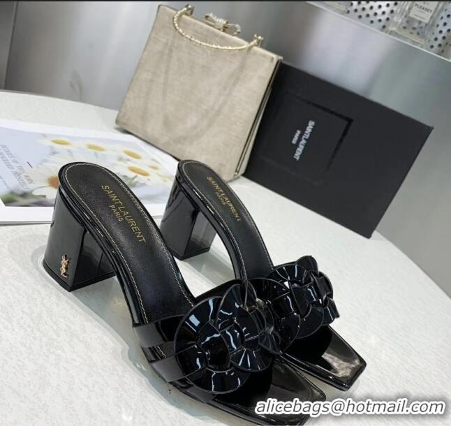 Shop Cheap Saint Laurent Patent Leather Slide Sandal With 6.5cm Heel Y42017 Black 2020