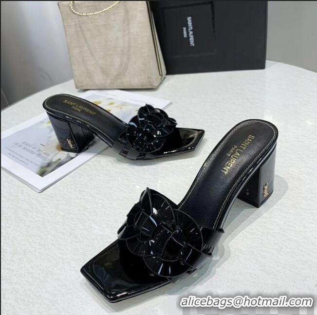 Shop Cheap Saint Laurent Patent Leather Slide Sandal With 6.5cm Heel Y42017 Black 2020