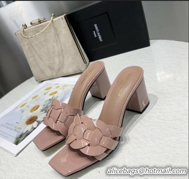 Spot Bulk Saint Laurent Patent Leather Slide Sandal With 6.5cm Heel Y42017 Nude Pink 2020