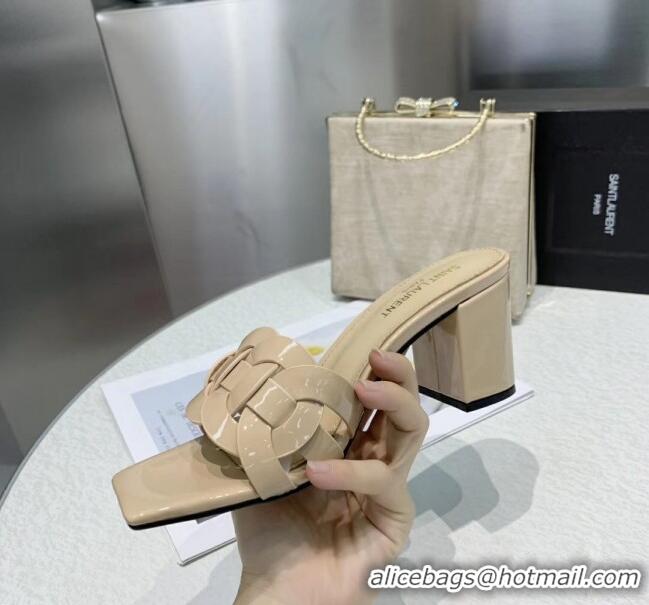 New Design Saint Laurent Patent Leather Slide Sandal With 6.5cm Heel Y42017 Beige 2020