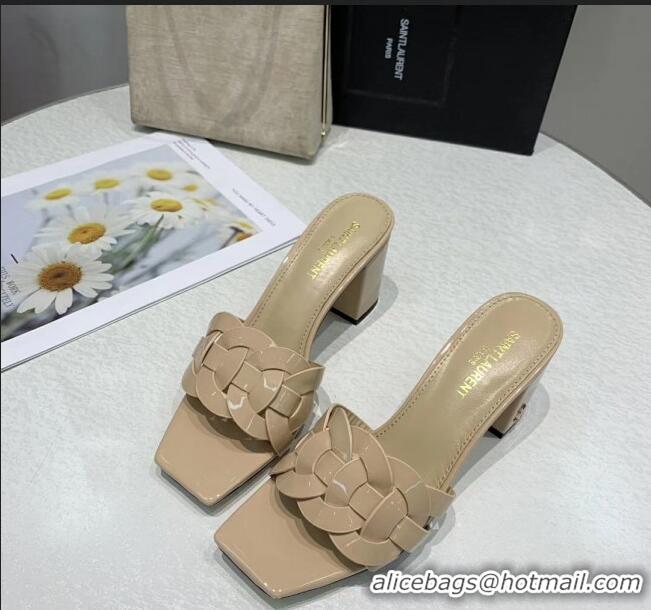 New Design Saint Laurent Patent Leather Slide Sandal With 6.5cm Heel Y42017 Beige 2020