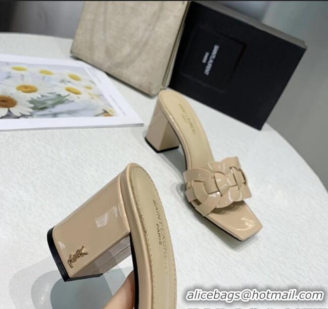 New Design Saint Laurent Patent Leather Slide Sandal With 6.5cm Heel Y42017 Beige 2020