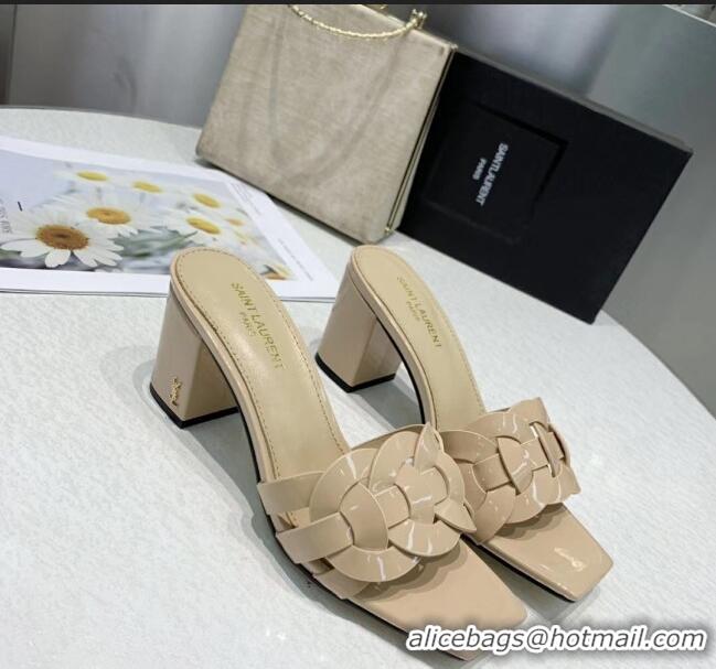 New Design Saint Laurent Patent Leather Slide Sandal With 6.5cm Heel Y42017 Beige 2020