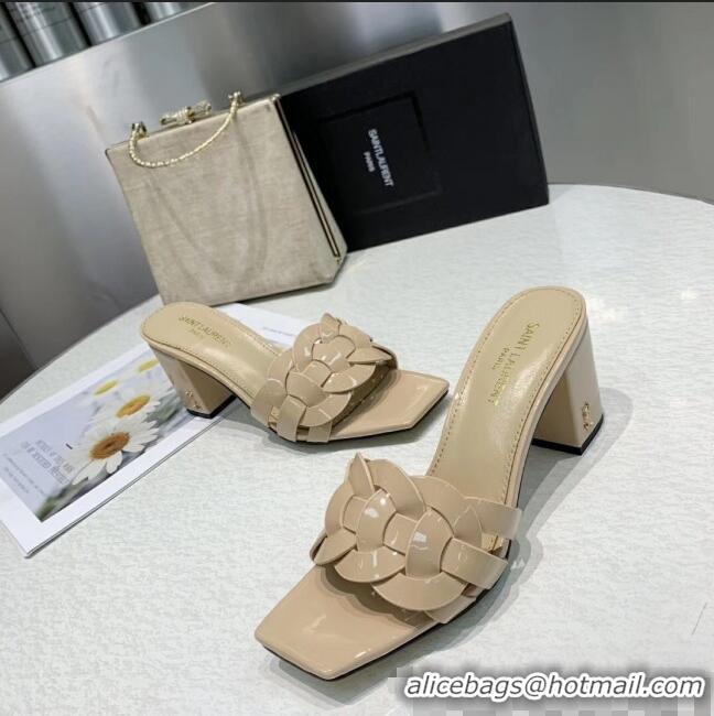 New Design Saint Laurent Patent Leather Slide Sandal With 6.5cm Heel Y42017 Beige 2020