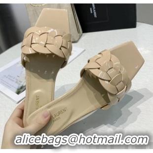 Inexpensive Saint Laurent Patent Leather Flat Sandal Y42024 Beige 2020