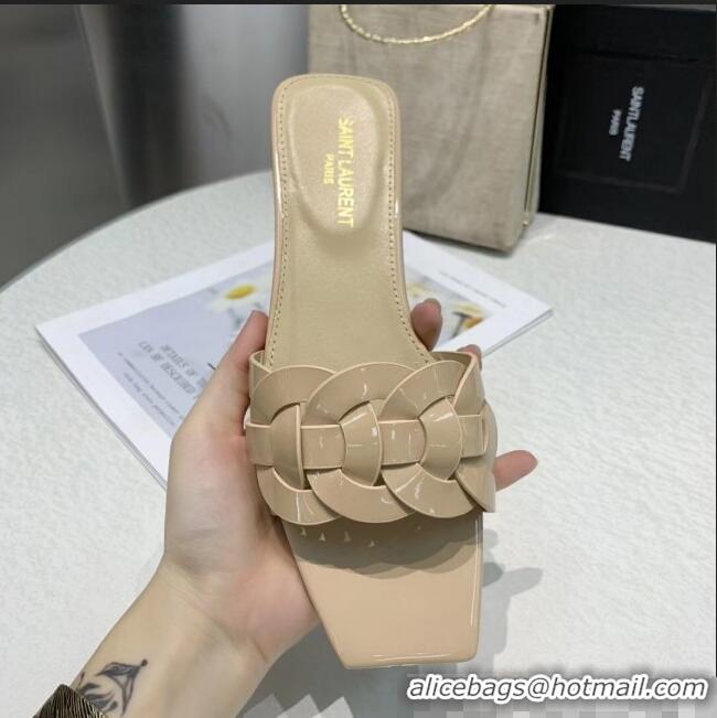 Inexpensive Saint Laurent Patent Leather Flat Sandal Y42024 Beige 2020