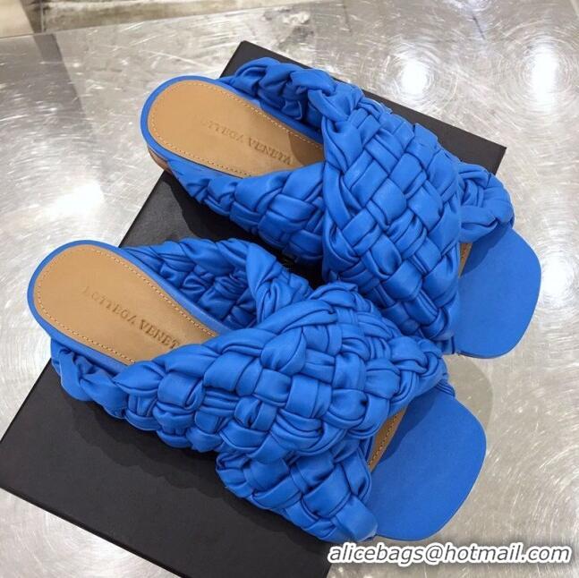 Wholesale Bottega Veneta Lambskin Woven Cross Strap Flat Slide Sandals BV1319 Blue 2020