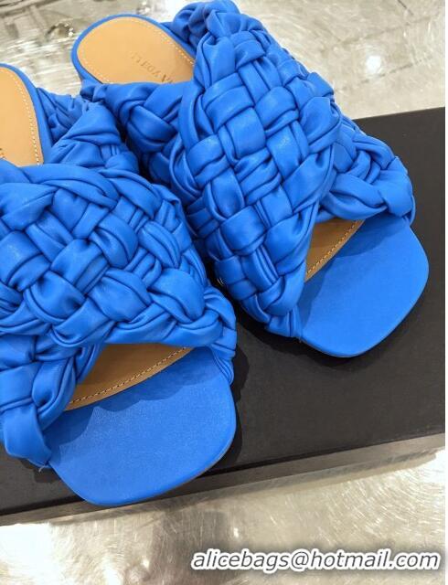 Wholesale Bottega Veneta Lambskin Woven Cross Strap Flat Slide Sandals BV1319 Blue 2020