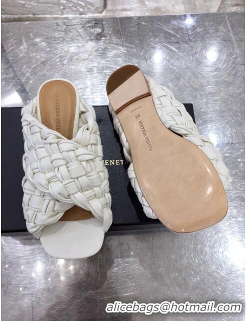 New Style Bottega Veneta Lambskin Woven Cross Strap Flat Slide Sandals BV1319 White 2020