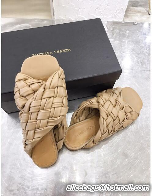 Discount Bottega Veneta Lambskin Woven Cross Strap Flat Slide Sandals BV1319 Beige 2020