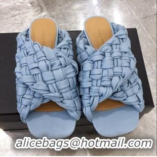 Top Quality Bottega Veneta Lambskin Woven Cross Strap Flat Slide Sandals BV1319 Light Blue 2020