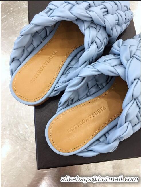 Top Quality Bottega Veneta Lambskin Woven Cross Strap Flat Slide Sandals BV1319 Light Blue 2020