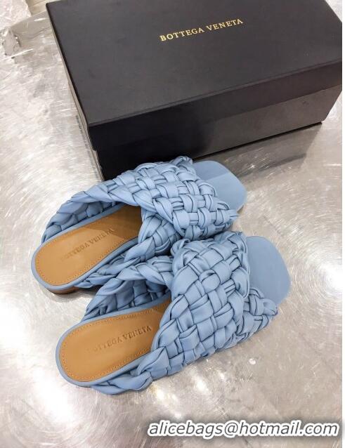 Top Quality Bottega Veneta Lambskin Woven Cross Strap Flat Slide Sandals BV1319 Light Blue 2020