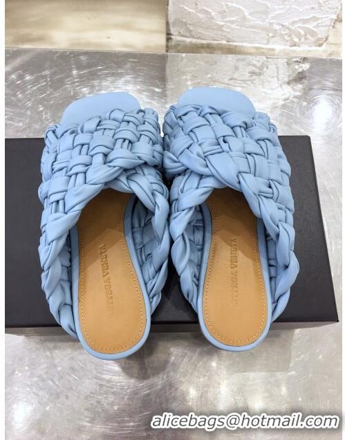 Top Quality Bottega Veneta Lambskin Woven Cross Strap Flat Slide Sandals BV1319 Light Blue 2020