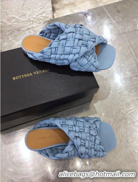 Top Quality Bottega Veneta Lambskin Woven Cross Strap Flat Slide Sandals BV1319 Light Blue 2020