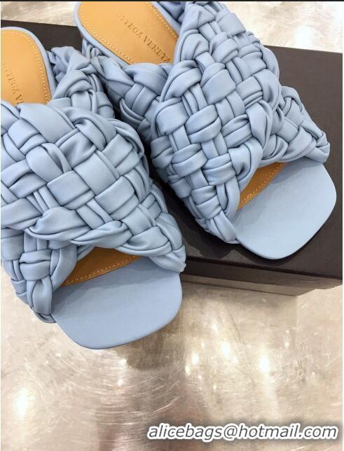 Top Quality Bottega Veneta Lambskin Woven Cross Strap Flat Slide Sandals BV1319 Light Blue 2020