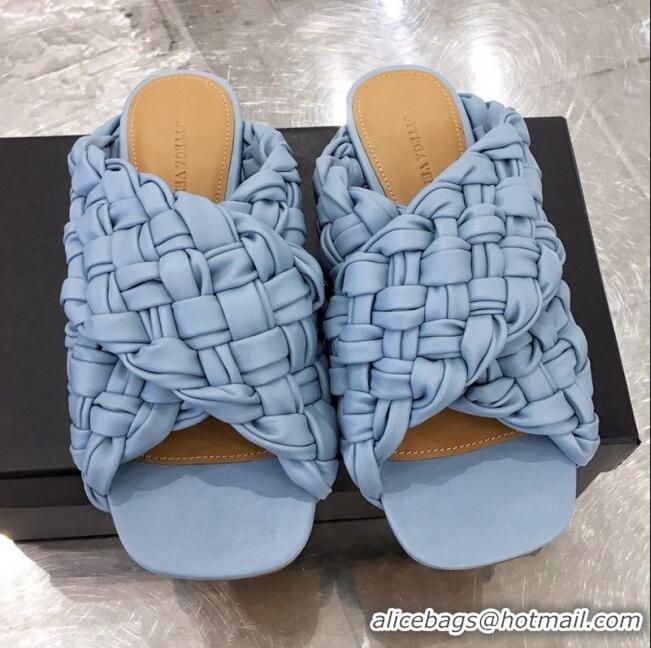 Top Quality Bottega Veneta Lambskin Woven Cross Strap Flat Slide Sandals BV1319 Light Blue 2020