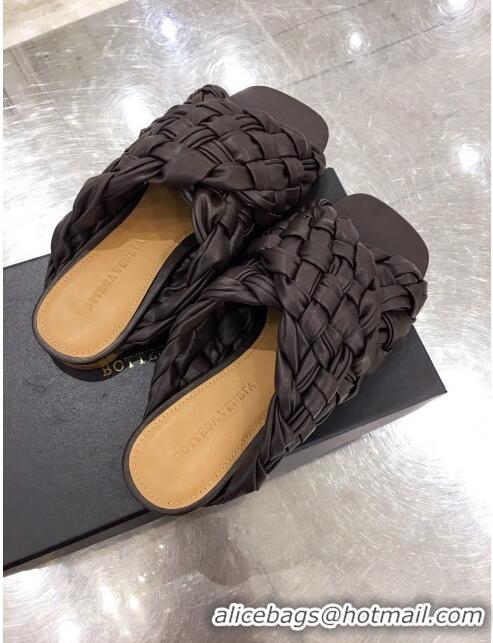 Luxury Bottega Veneta Lambskin Woven Cross Strap Flat Slide Sandals BV1319 Brown 2020