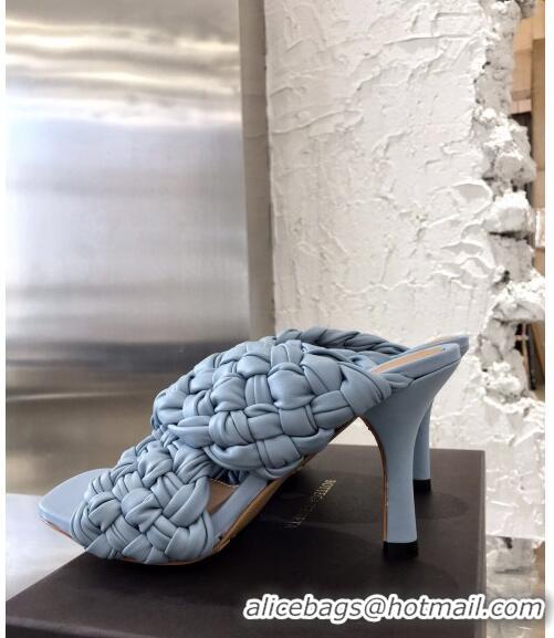 Free Shipping Bottega Veneta Lambskin Woven Heel Slide Sandals 90mm BV2425 Light Blue 2020