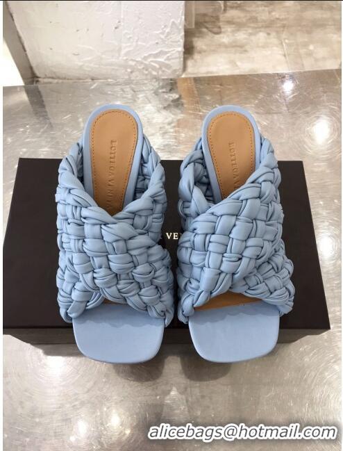 Free Shipping Bottega Veneta Lambskin Woven Heel Slide Sandals 90mm BV2425 Light Blue 2020