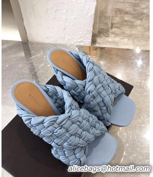 Free Shipping Bottega Veneta Lambskin Woven Heel Slide Sandals 90mm BV2425 Light Blue 2020