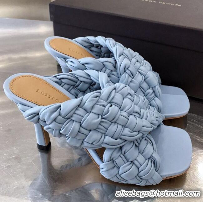 Free Shipping Bottega Veneta Lambskin Woven Heel Slide Sandals 90mm BV2425 Light Blue 2020