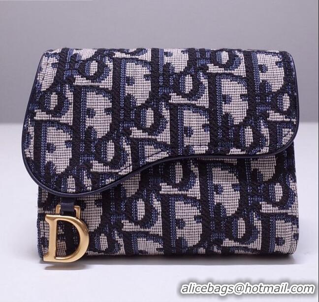 New Fashion Dior Saddle Small Wallet in Blue Oblique Jacquard Canvas CD2738