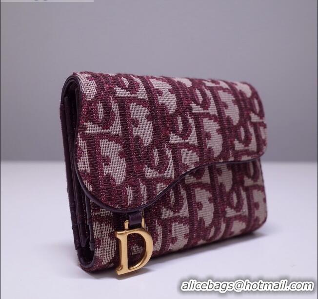 High Quality Dior Saddle Small Wallet in Burgundy Oblique Jacquard Canvas CD2738