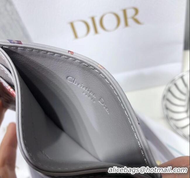 Spot Imitation Dior Card Holder in Phenix Fairy Tale Print Grey Calfskin CD1327