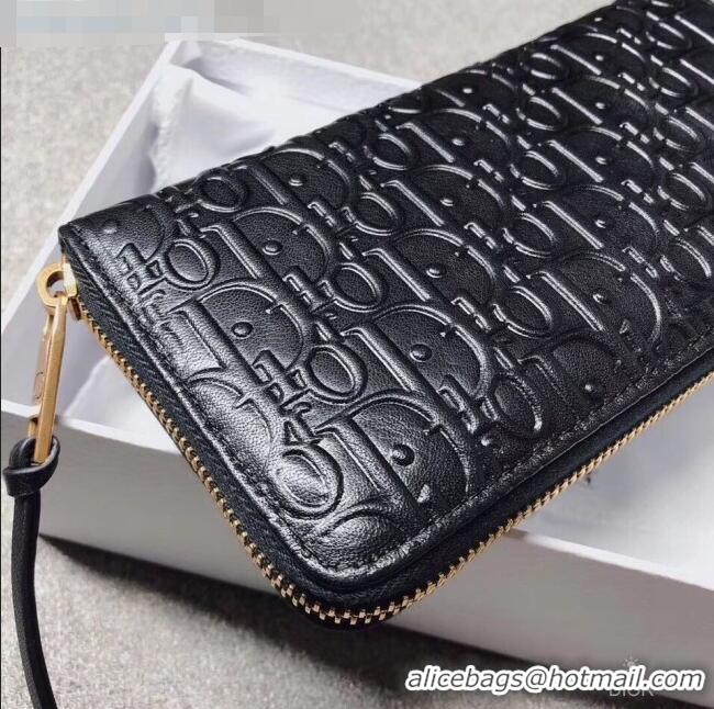 Top Quality Dior Voyageur Logo Embossed Leather Zipped Long Wallet CD0673 Black 2019