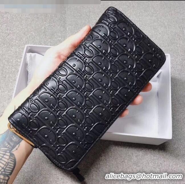 Top Quality Dior Voyageur Logo Embossed Leather Zipped Long Wallet CD0673 Black 2019