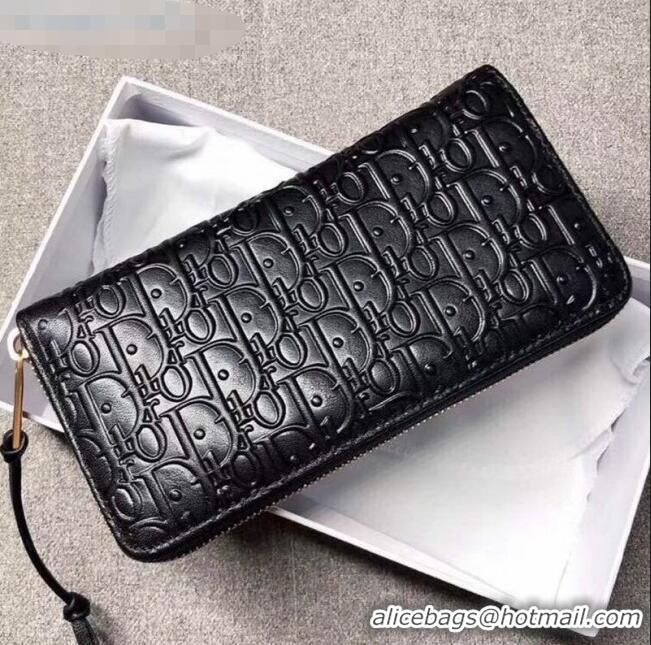 Top Quality Dior Voyageur Logo Embossed Leather Zipped Long Wallet CD0673 Black 2019