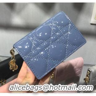 Best Design Dior Lady Cannage Patent Leather Card Holder Wallet CD1060 Blue 2019