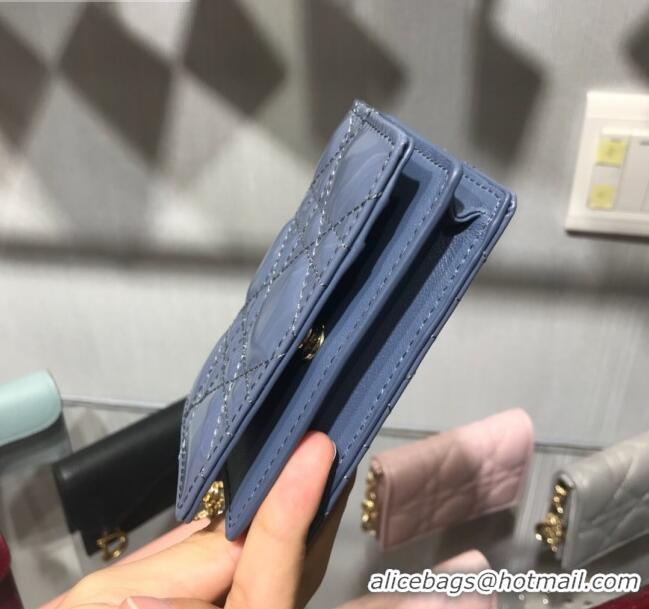 Best Design Dior Lady Cannage Patent Leather Card Holder Wallet CD1060 Blue 2019