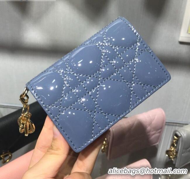 Best Design Dior Lady Cannage Patent Leather Card Holder Wallet CD1060 Blue 2019