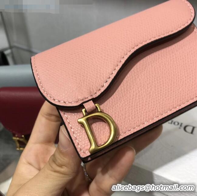 Unique Grade Dior Saddle Grained Calfskin Flap Card Coin Purse Wallet CD2310 Pink 2019